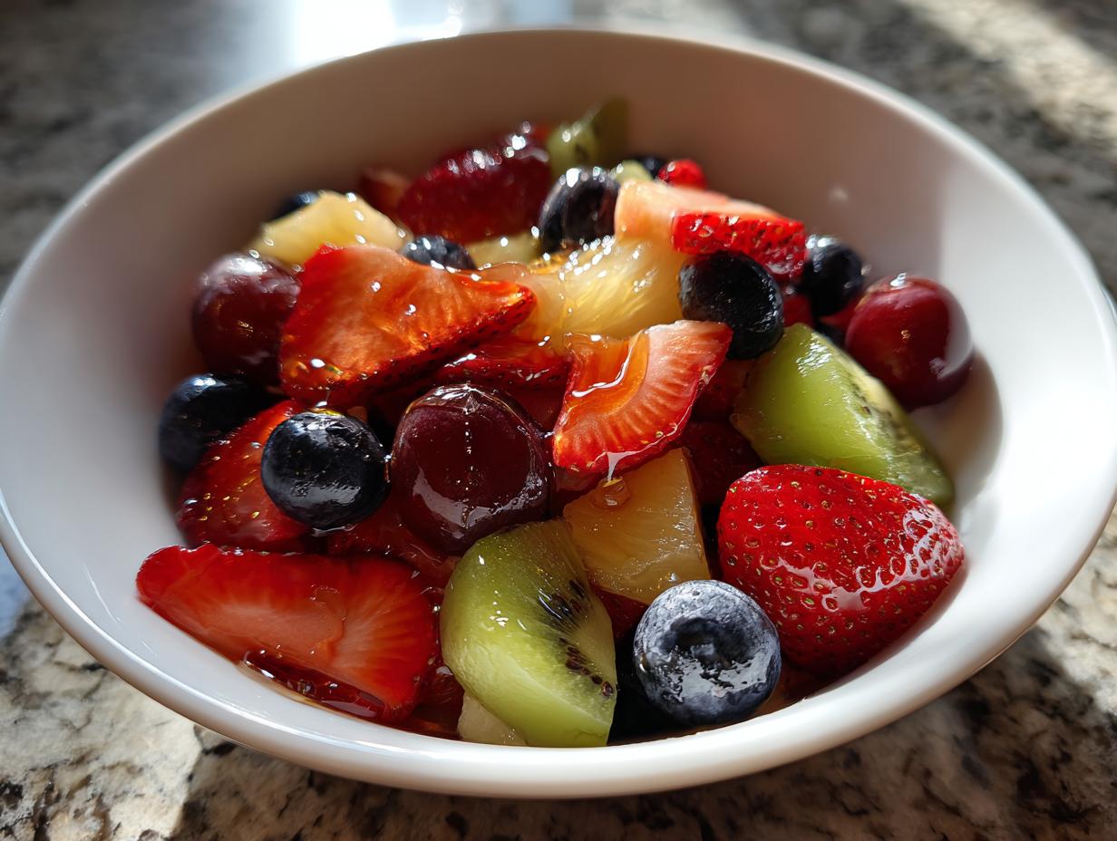 Bowl of fresh fruit salad with strawberries, blueberries, kiwi, grapes, and pineapple for easy fruit based desserts.
