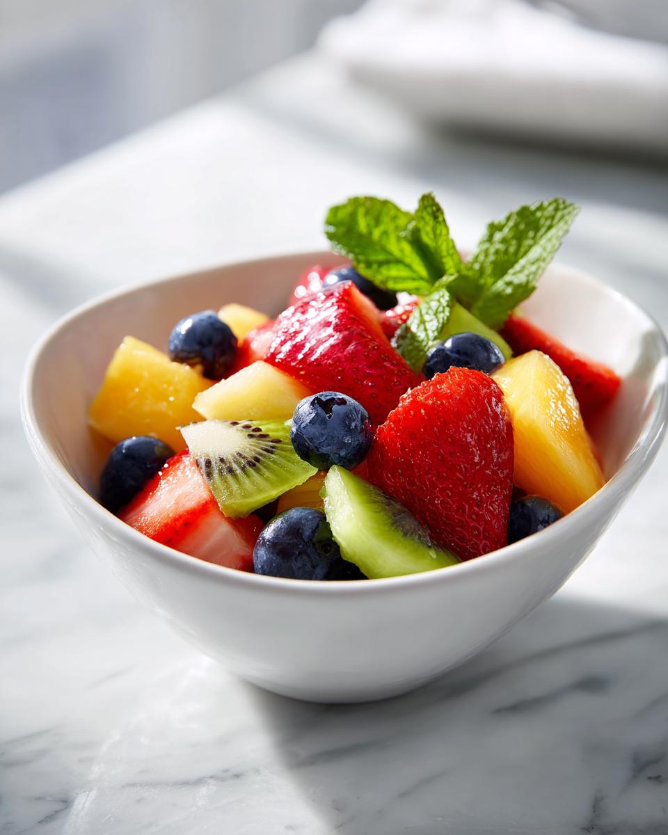 Bowl of fresh fruit salad with strawberries, blueberries, kiwi, pineapple, and mint leaves.