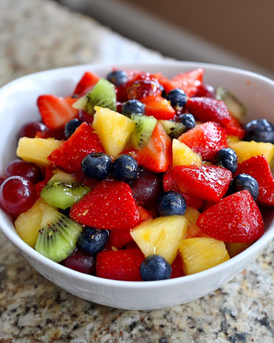 Bowl of fresh fruit salad with strawberries, blueberries, kiwi, pineapple, and grapes.