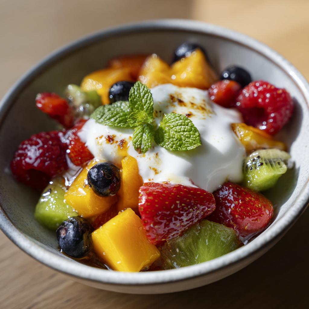 Bowl of fresh mixed fruit salad topped with yogurt and mint, a quick fruit dessert ideas