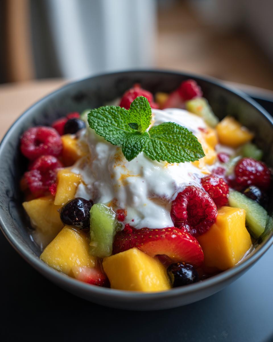 Bowl of fresh mixed fruit salad topped with creamy yogurt and a sprig of mint, a quick fruit dessert ideas