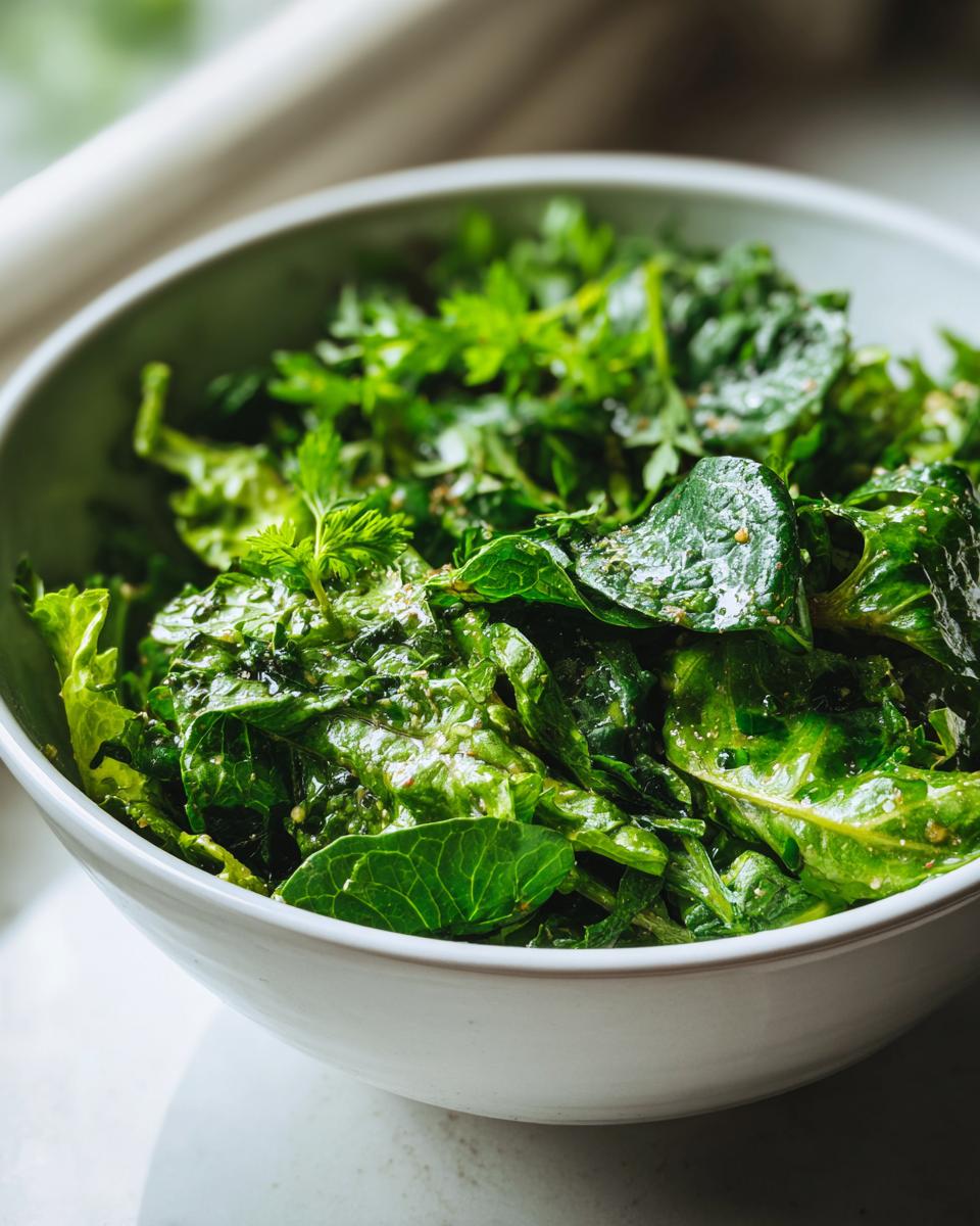 Close-up of a fresh green herb salad with leafy greens in a white bowl, spring fresh herb recipes