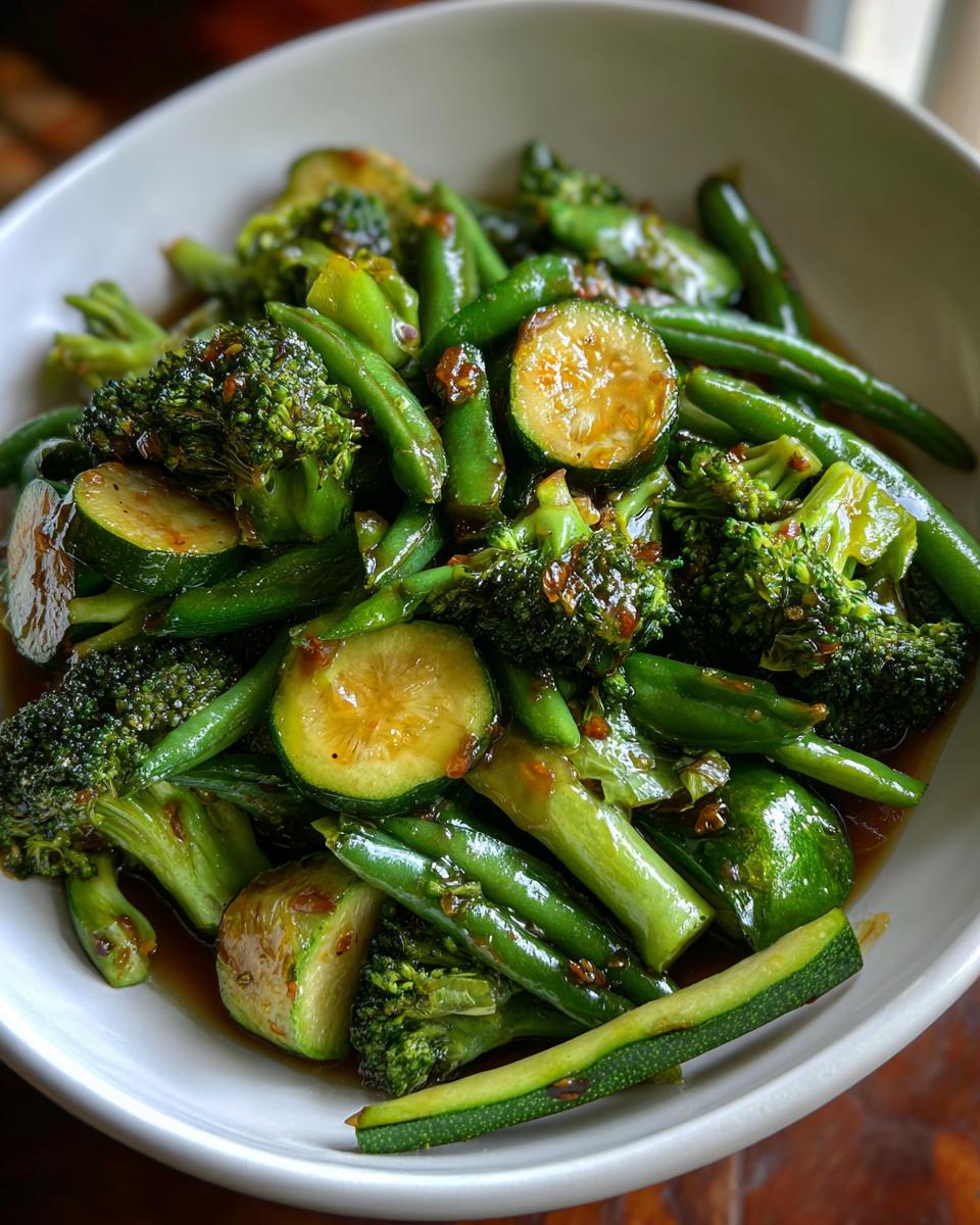 Bowl of fresh green vegetable stir-fry with broccoli, zucchini, and green beans in sauce.