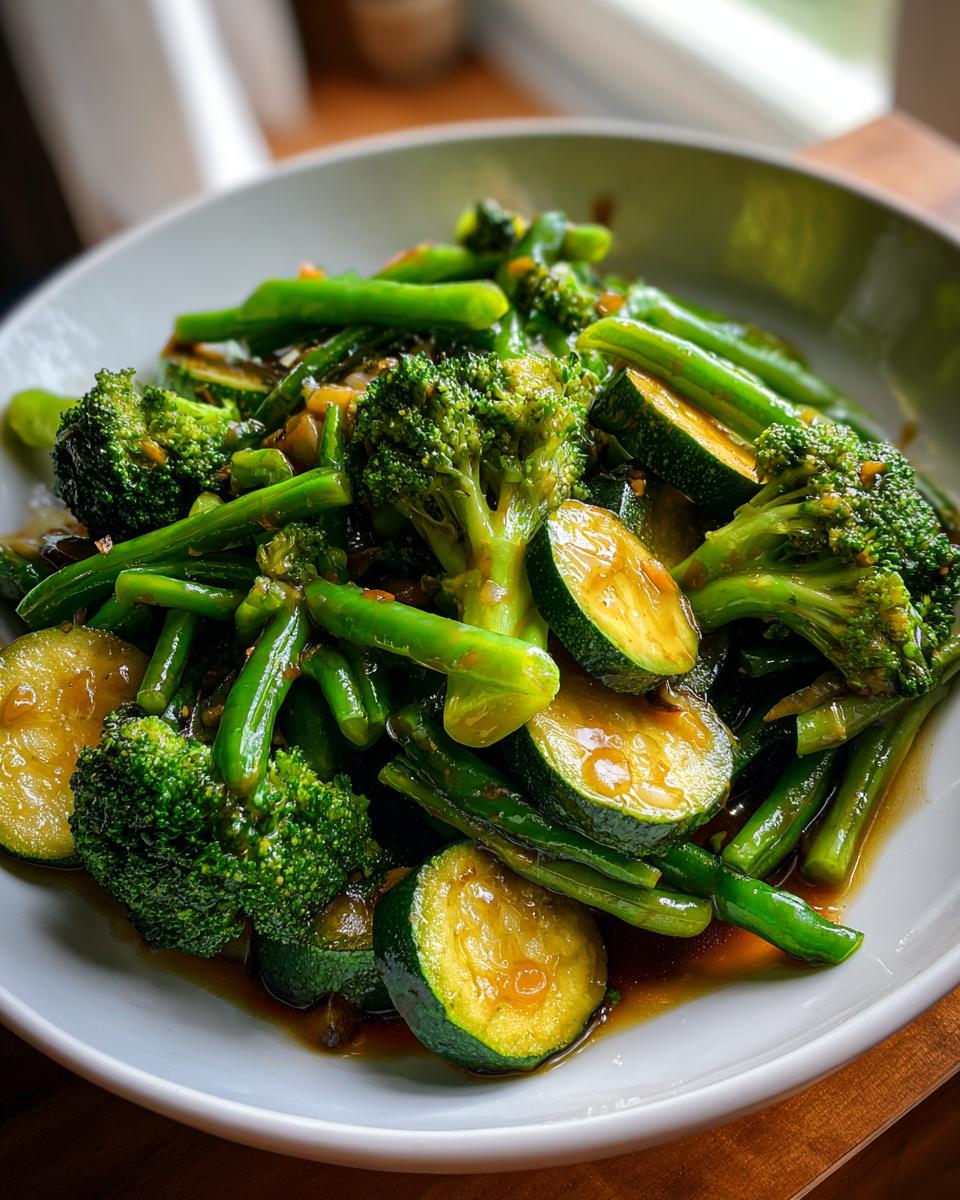 Close-up of fresh green vegetable stir-fry with broccoli, zucchini, and green beans in a white bowl.