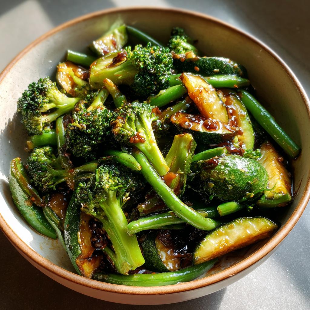 Bowl of fresh green vegetable stir-fry with broccoli, green beans, and zucchini in sauce.
