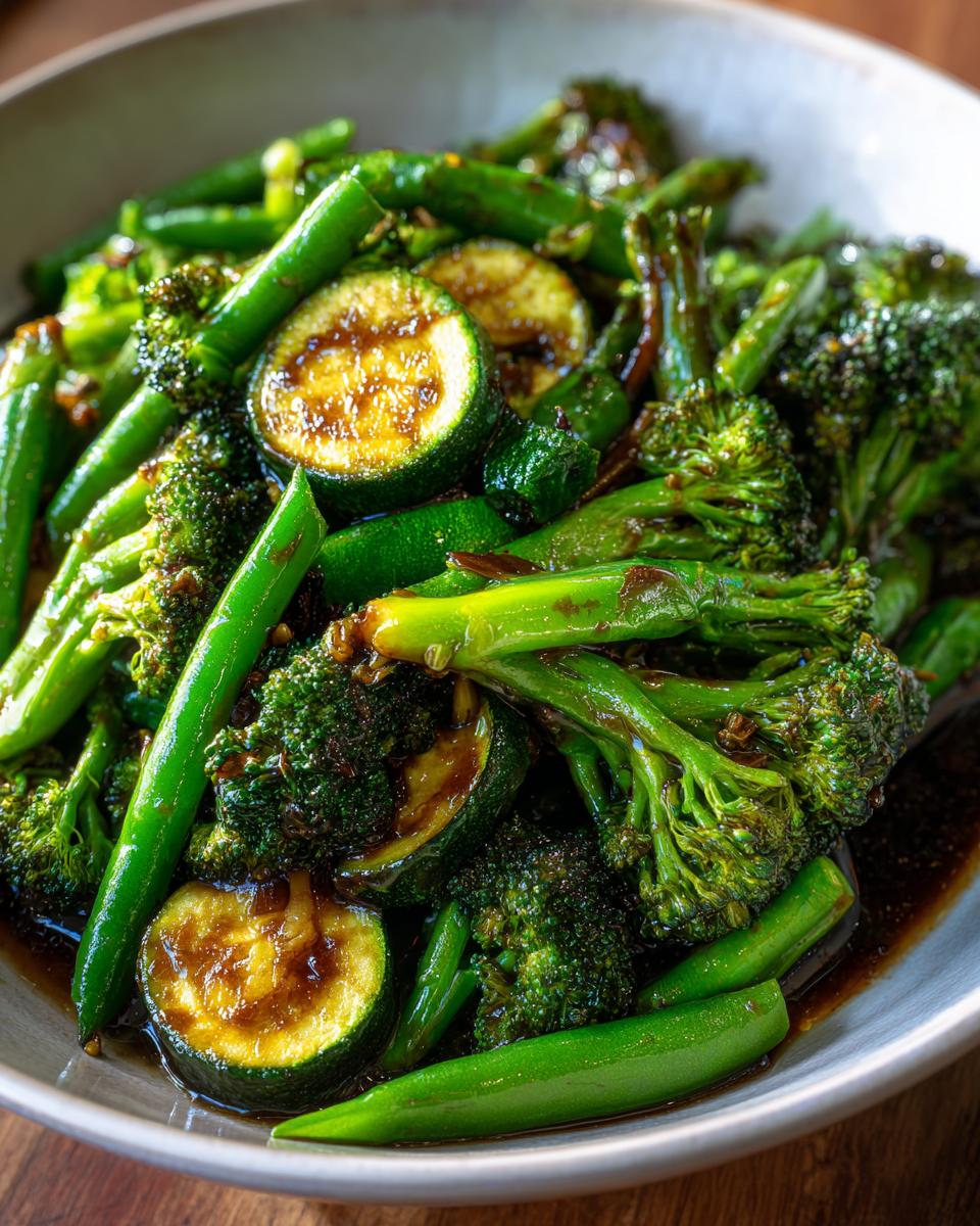Close-up of fresh green vegetable stir-fry with zucchini, broccoli, and green beans in a bowl.