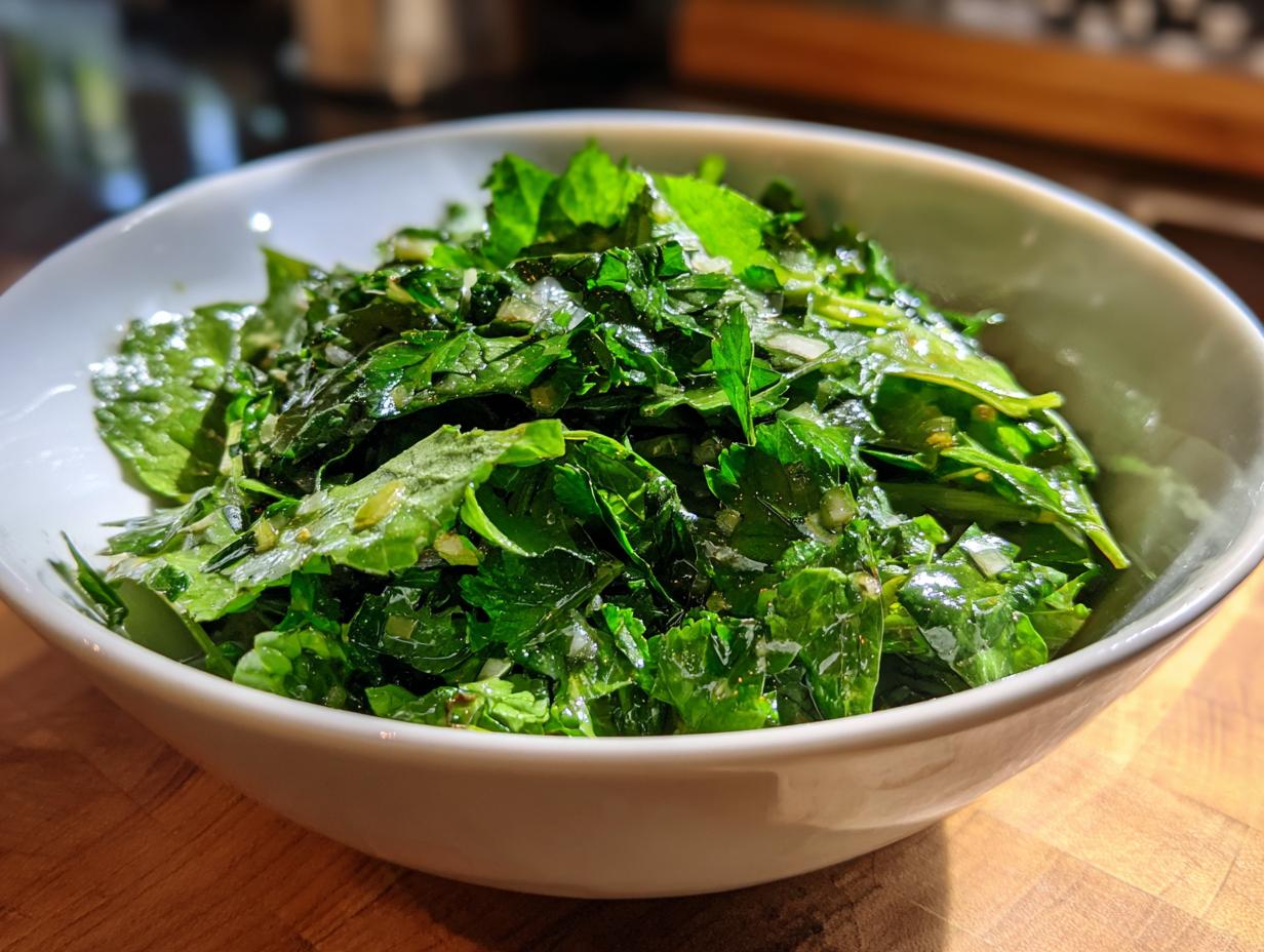 White bowl filled with mixed fresh green herbs and leafy greens for spring fresh herb recipes