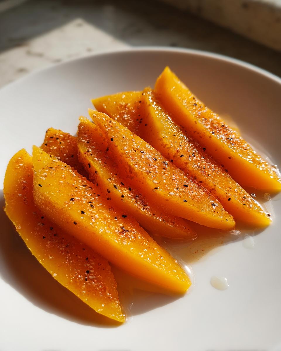 Sliced mango pieces sprinkled with tajin seasoning on a white plate, showcasing mango tajin fruit snacks