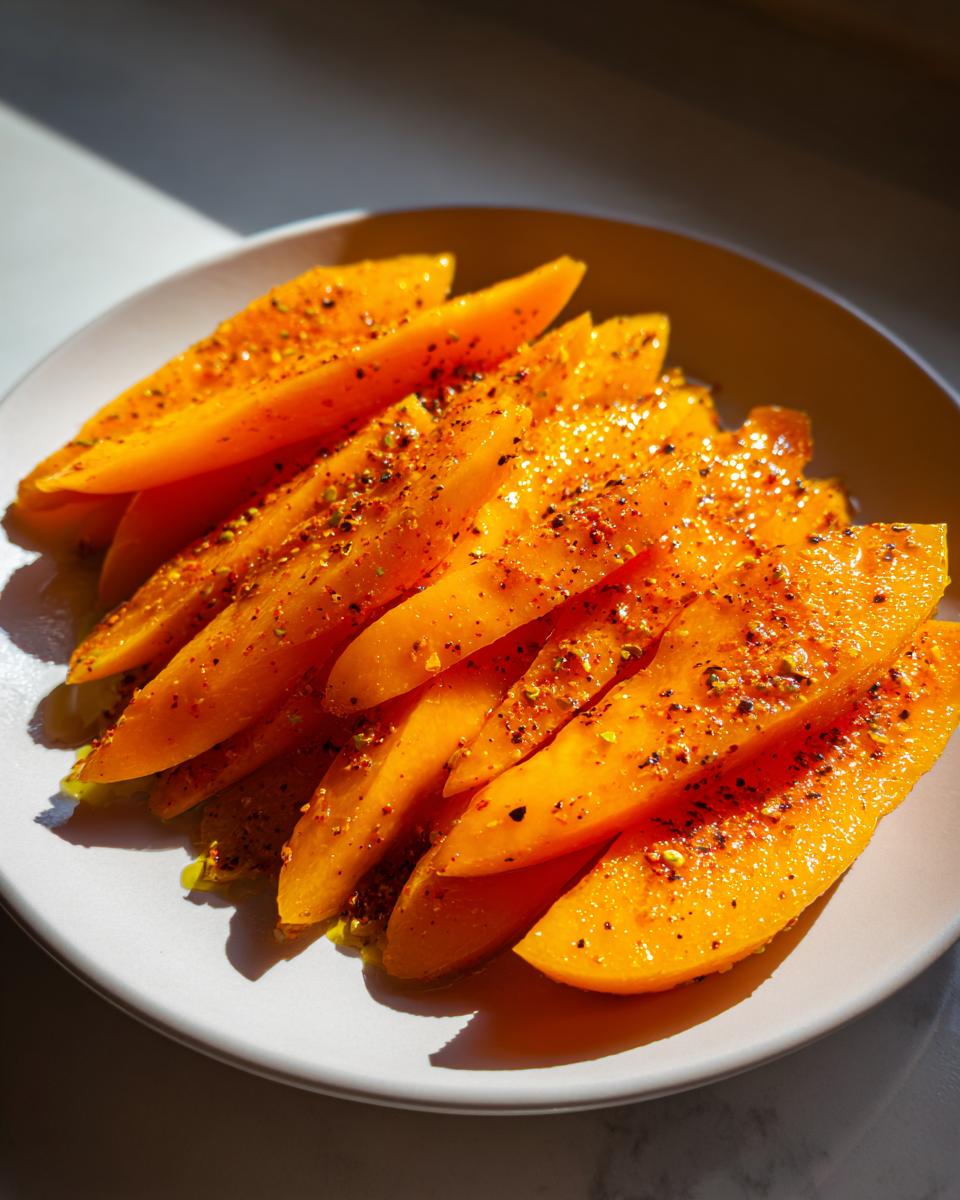 Sliced mango sprinkled with tajin seasoning on a white plate, bright and fresh mango tajin fruit snacks
