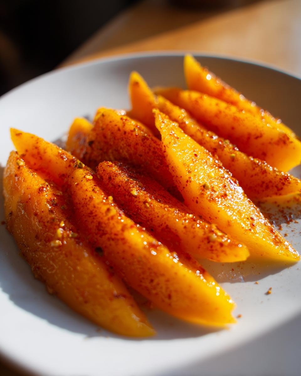 Sliced mango pieces sprinkled with tajin seasoning on a white plate, bright and fresh.