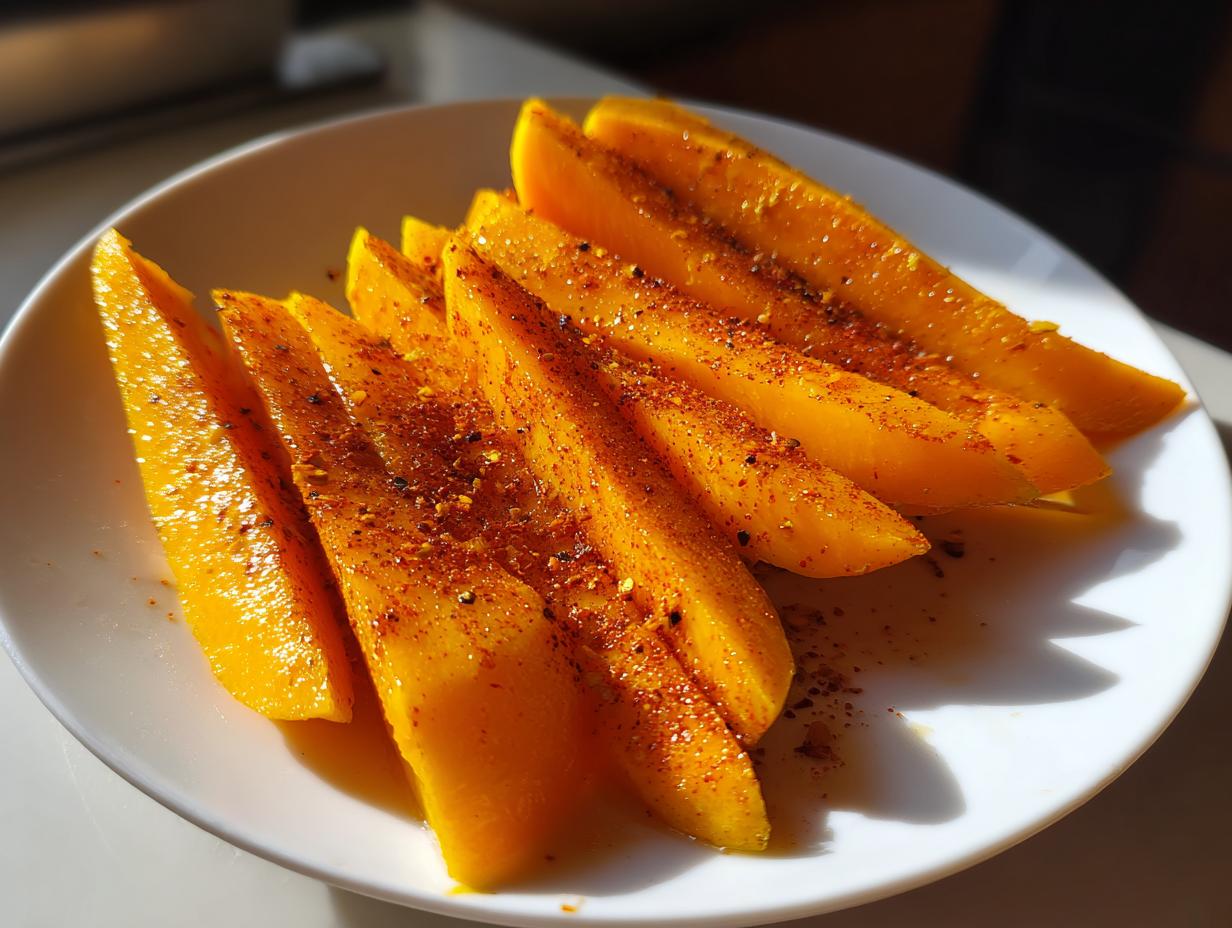 Slices of fresh mango sprinkled with tajin seasoning on a white plate.