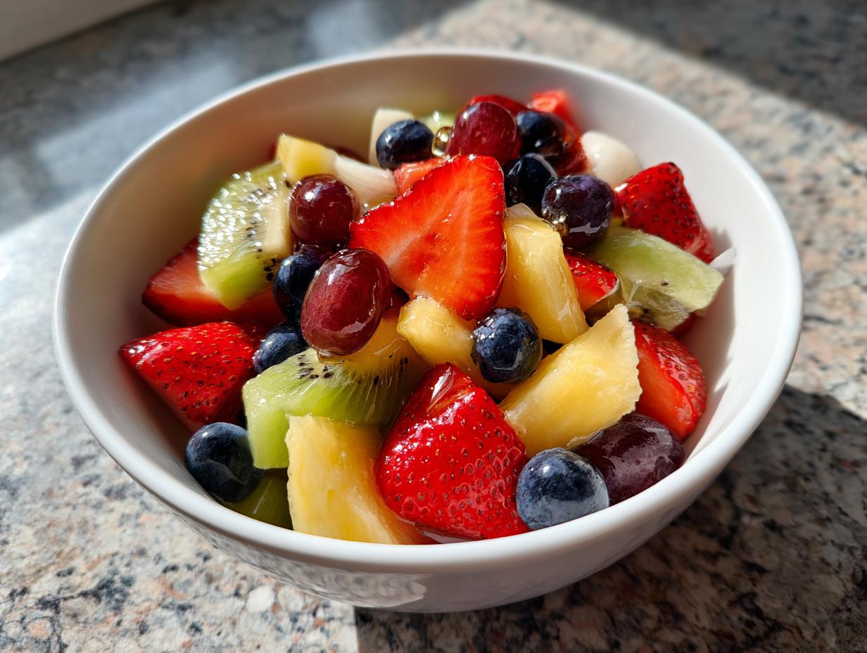 Bowl of fresh mixed fruit including strawberries, kiwi, pineapple, grapes, and blueberries for easy fruit based desserts