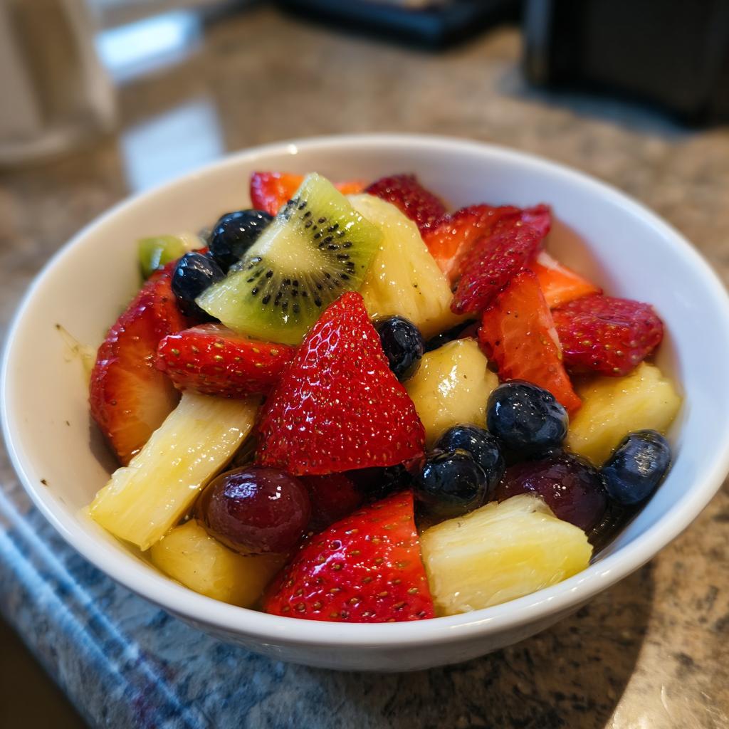 Bowl of fresh fruit salad with strawberries, blueberries, kiwi, pineapple, and grapes.