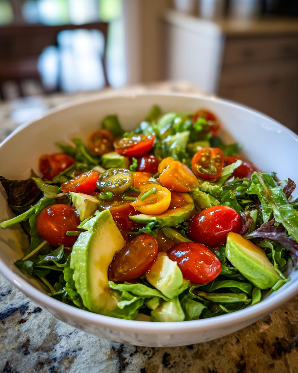 Bowl of fresh mixed greens salad with avocado slices and colorful cherry tomatoes