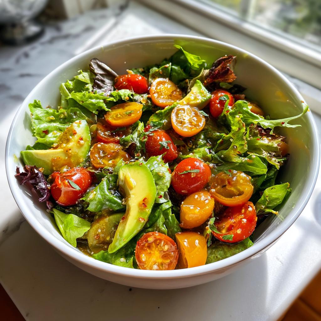 Bowl of fresh salad with cherry tomatoes, avocado, and mixed greens for spring clean eating recipes