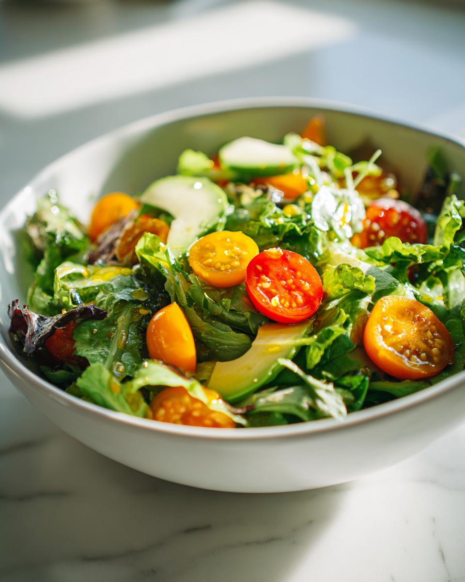 Bowl of fresh salad with cherry tomatoes, mixed greens, and cucumber for spring clean eating recipes