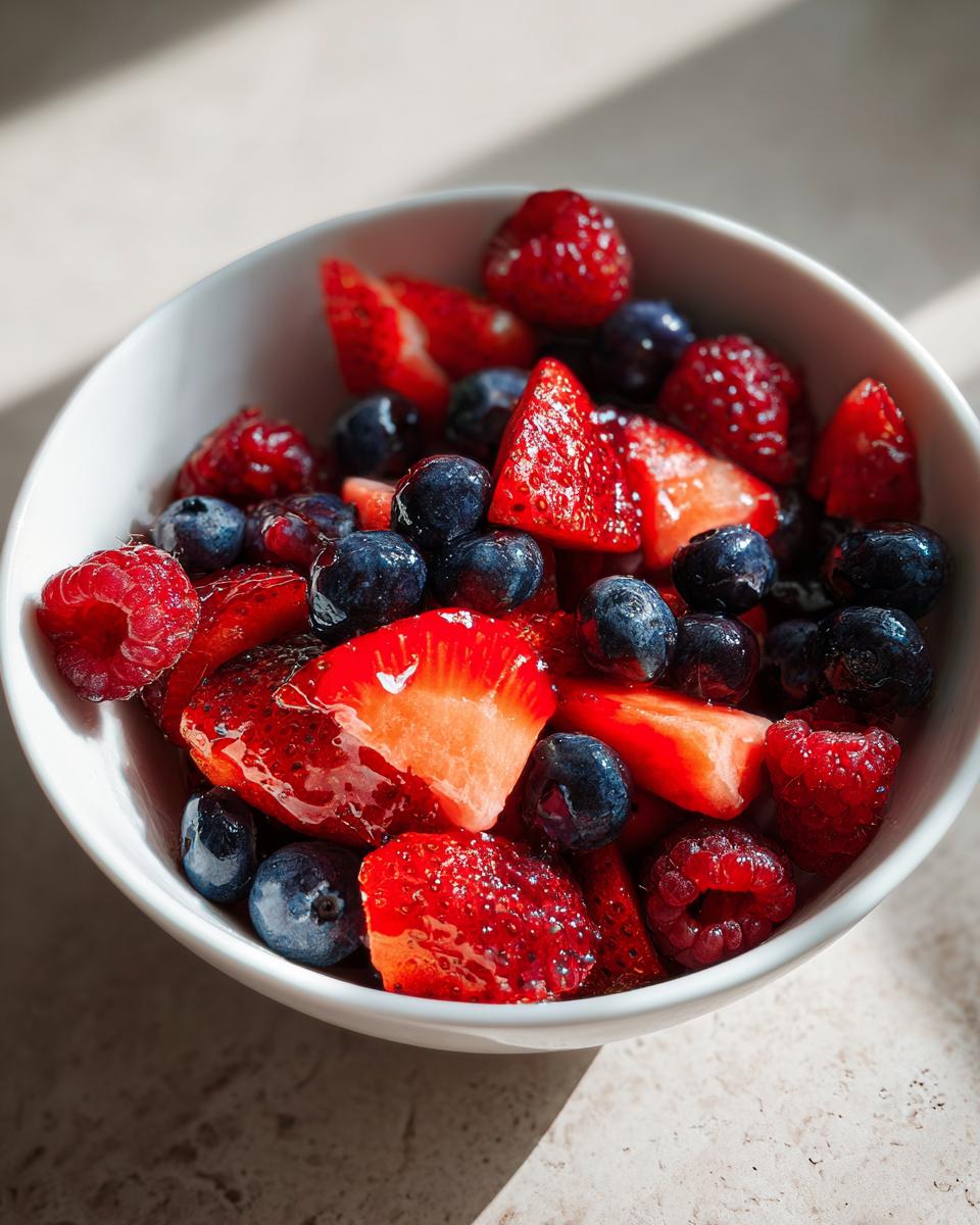 Bowl filled with fresh strawberries, blueberries, and raspberries for spring berry sweet treats