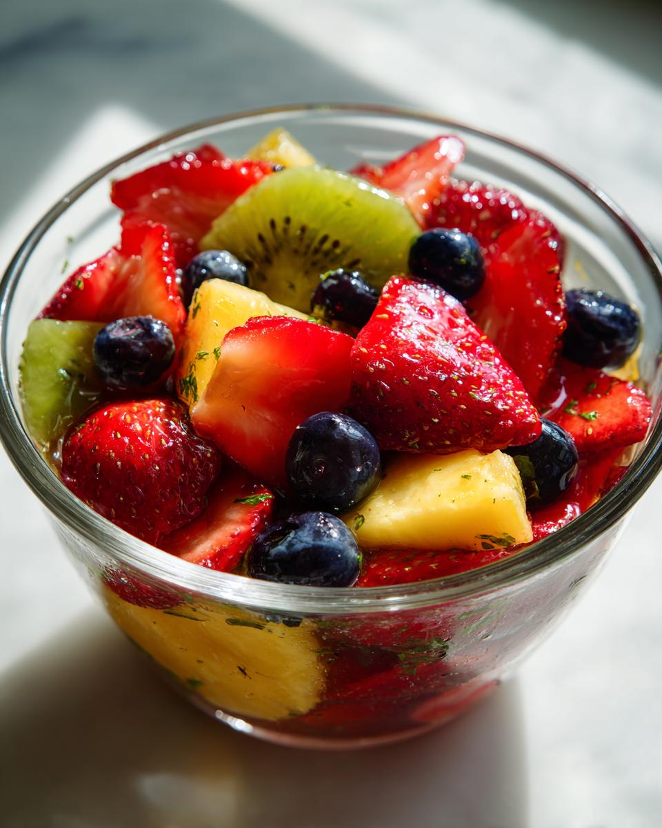 Glass bowl filled with fresh strawberries, blueberries, kiwi, and pineapple fruit salad.