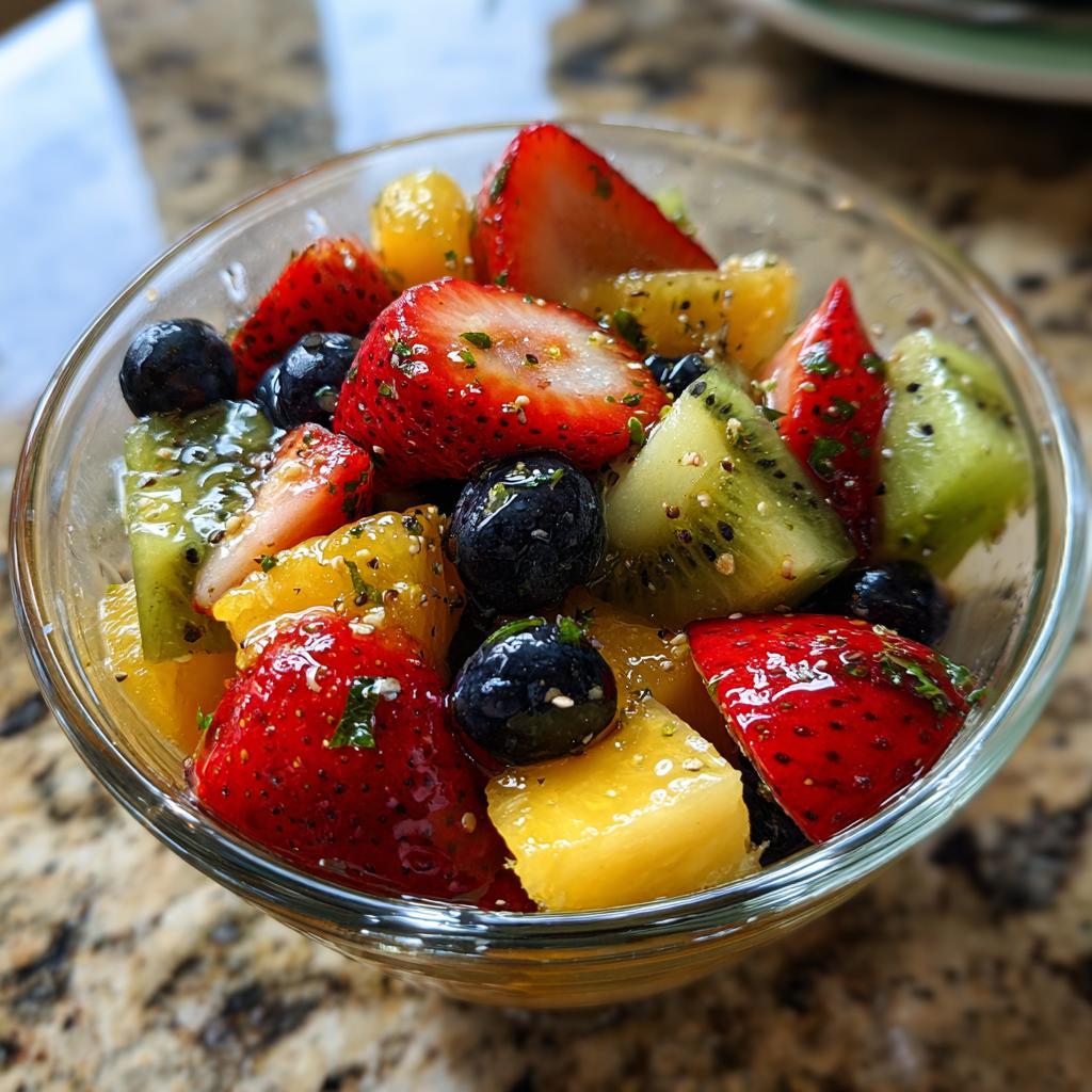 Glass bowl filled with fresh strawberries, blueberries, kiwi, and pineapple in spring fruit dessert recipes
