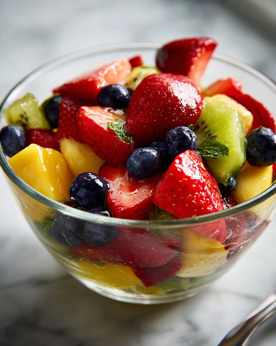 Glass bowl filled with fresh strawberries, blueberries, kiwi, and mango for spring fruit dessert recipes