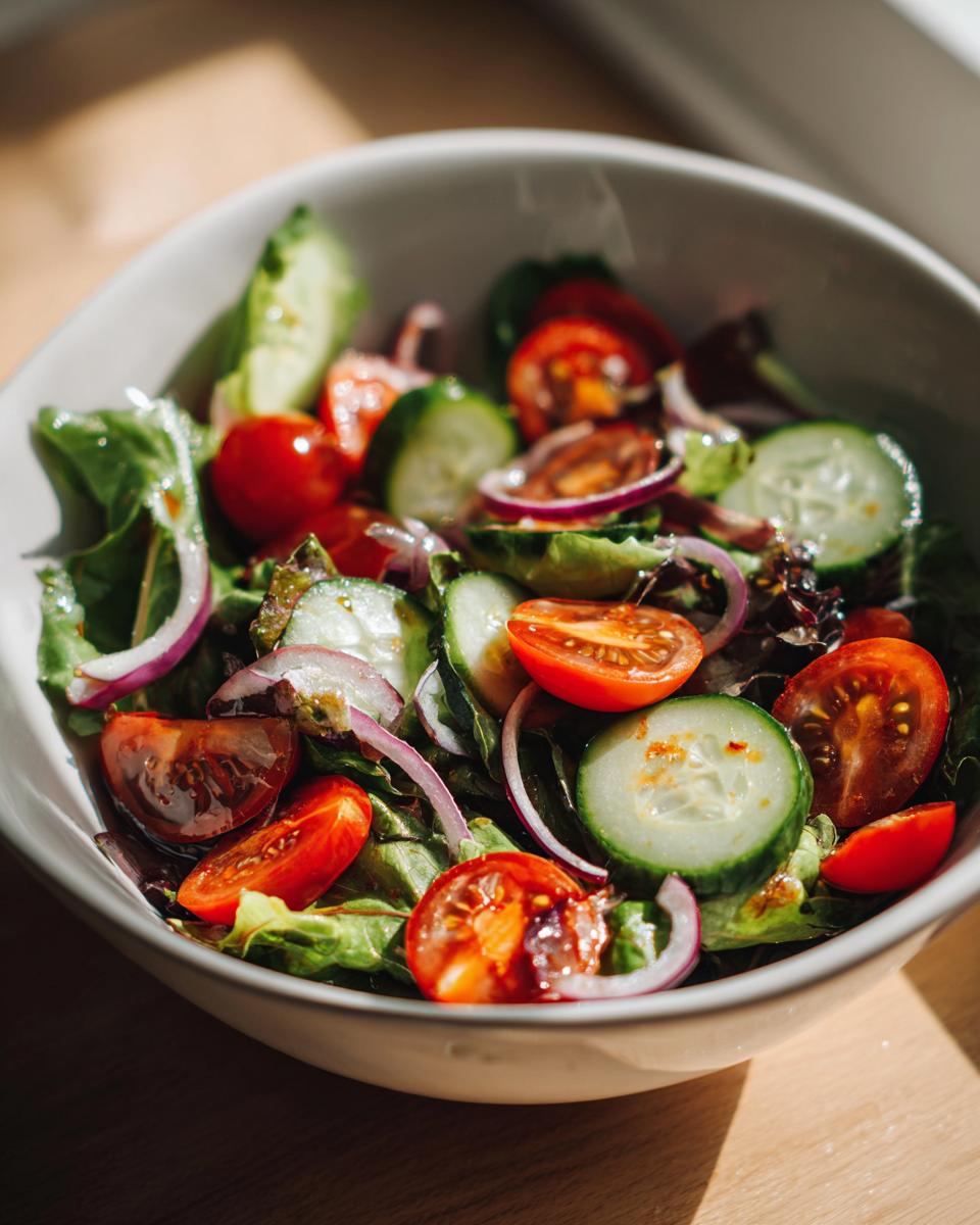 Bowl of fresh salad with cherry tomatoes, cucumber slices, red onion, and leafy greens as spring potluck side dishes