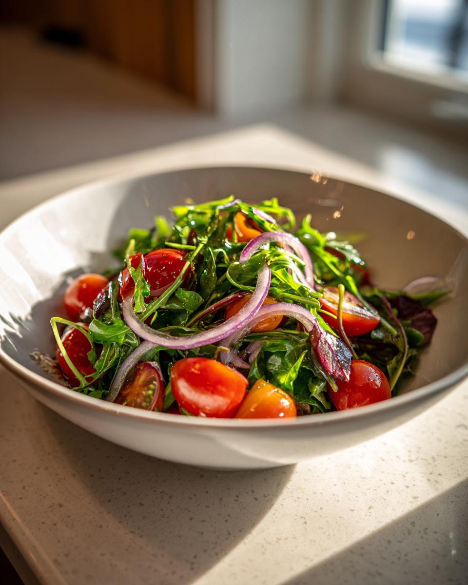 Bowl of fresh spring salad with cherry tomatoes, red onion, and mixed greens for spring light dinner ideas