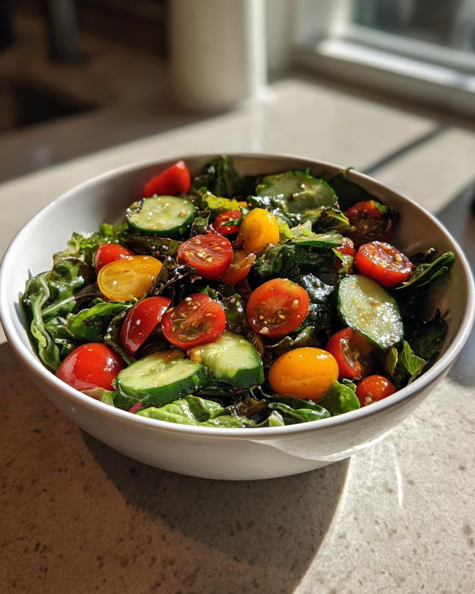 Bowl of fresh spring weeknight dinners salad with cherry tomatoes, cucumber, and leafy greens.
