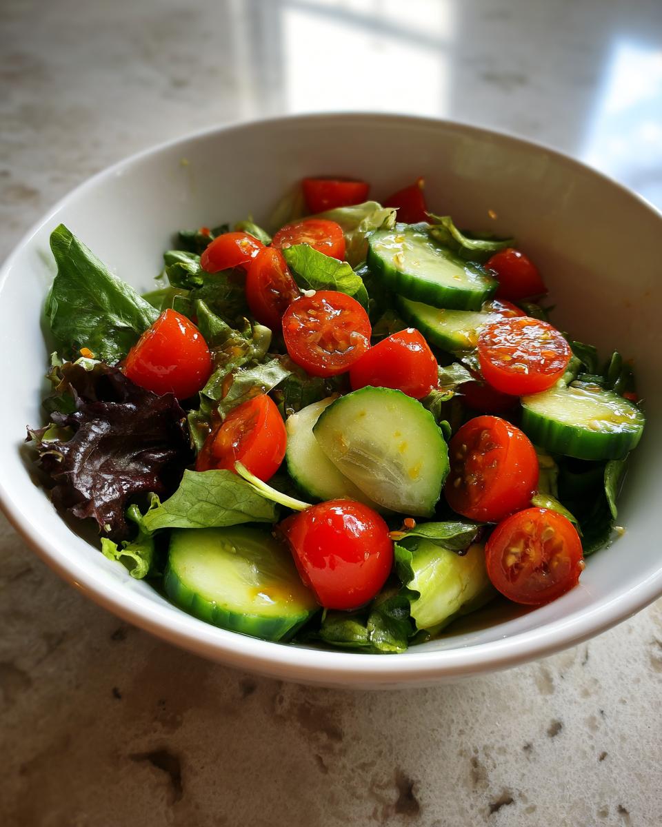 Bowl of fresh spring weeknight dinners salad with cherry tomatoes, cucumber slices, and mixed greens