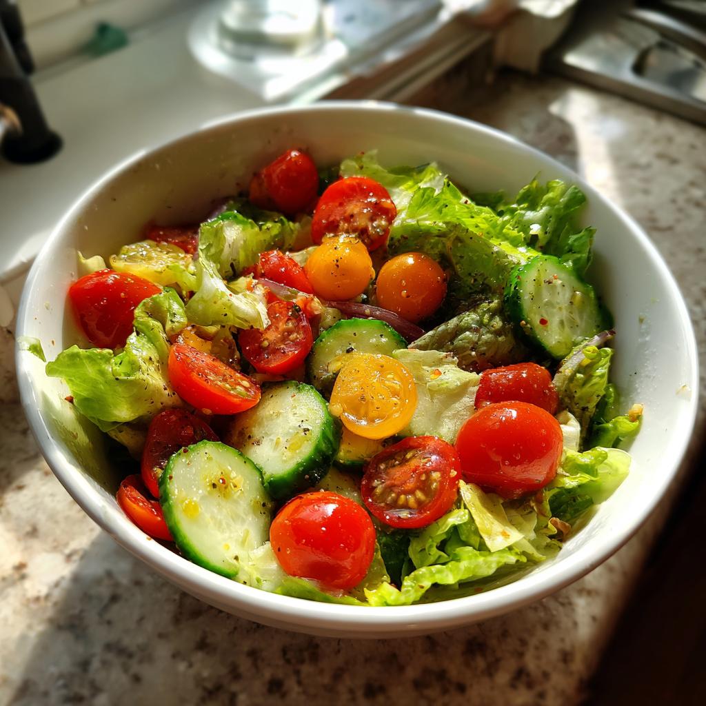 Bowl of fresh garden salad with cherry tomatoes, cucumber slices, and lettuce for fresh spring weeknight dinners