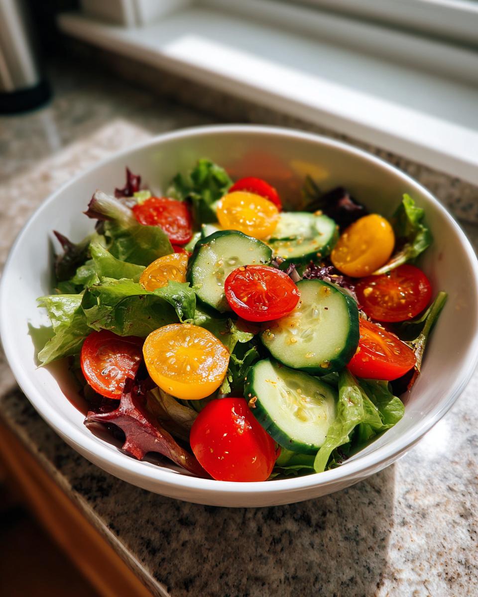 Bowl of fresh spring weeknight dinners salad with mixed greens, cherry tomatoes, and cucumber slices.