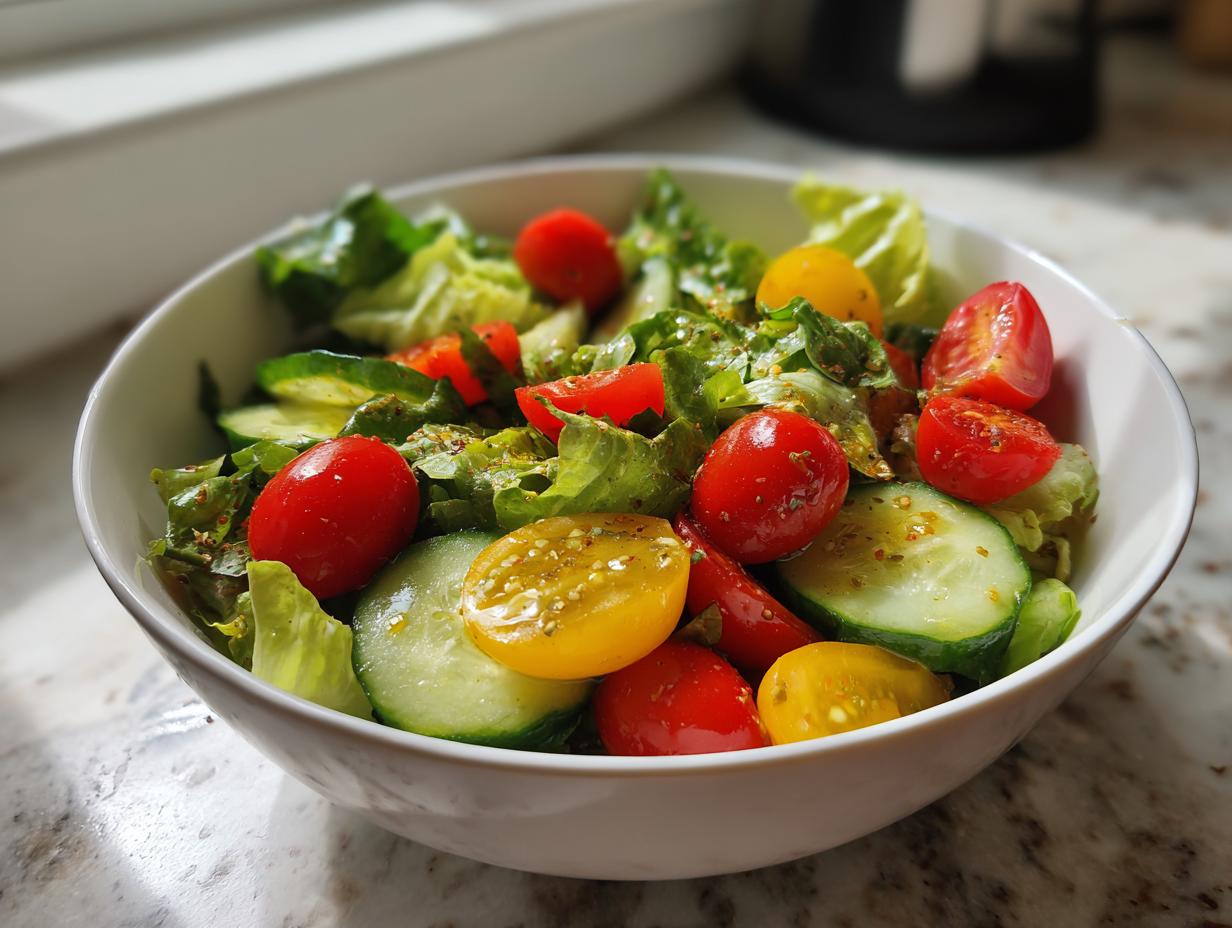 Bowl of fresh spring weeknight dinners salad with cherry tomatoes, cucumber, and leafy greens