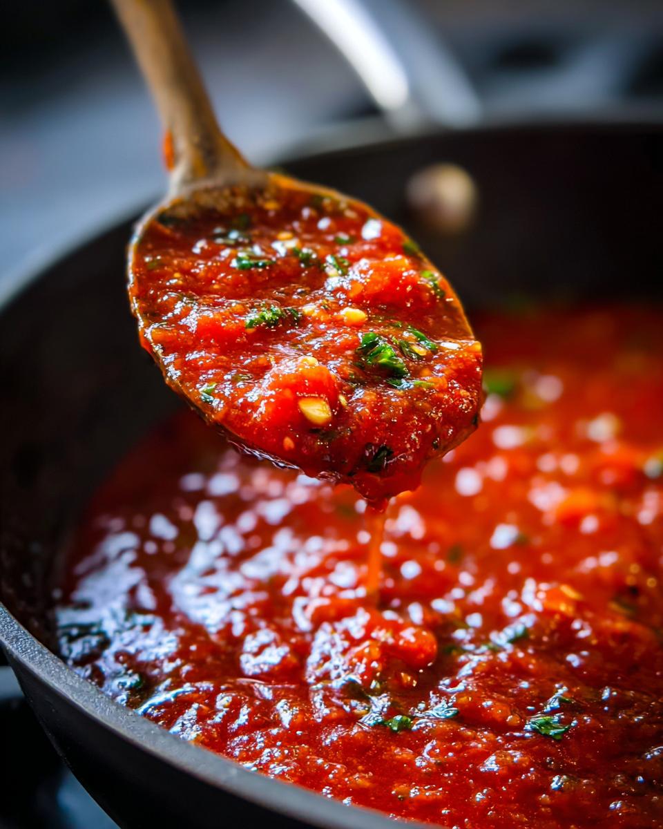 Wooden spoon lifting fresh tomato sauce with herbs from pan, showcasing simple homemade sauce recipes