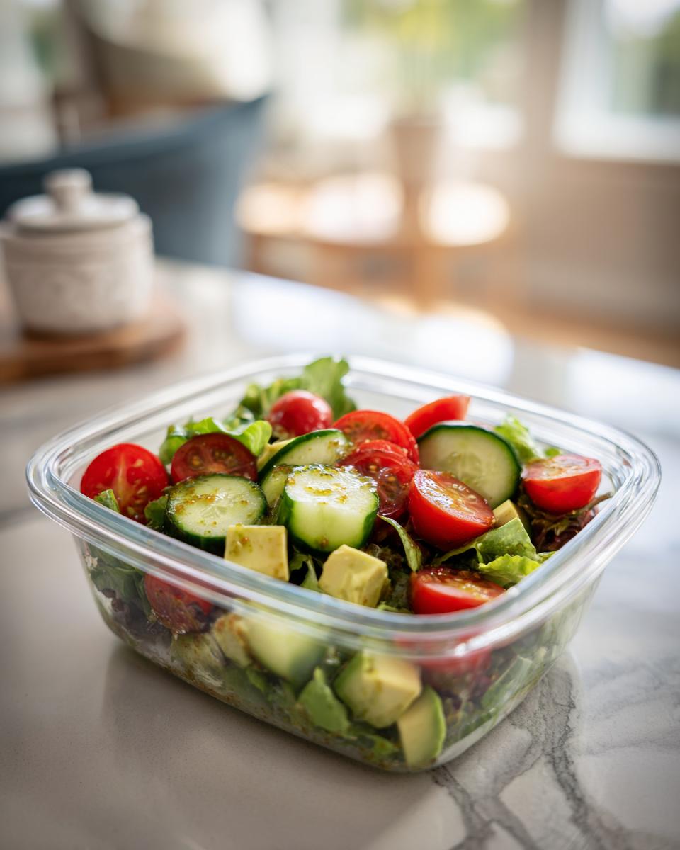 Glass container with fresh salad including cucumber, cherry tomatoes, avocado, and lettuce for simple lunch meal prep.