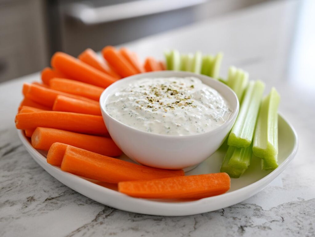 Plate of fresh carrot and celery sticks with a bowl of creamy herb dip for April party snack ideas