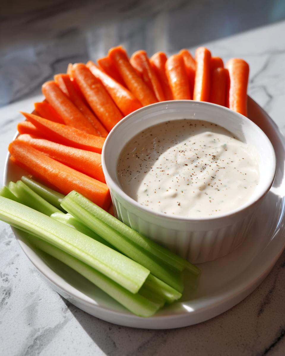Plate of fresh carrot sticks and celery sticks with a bowl of creamy dip sprinkled with pepper