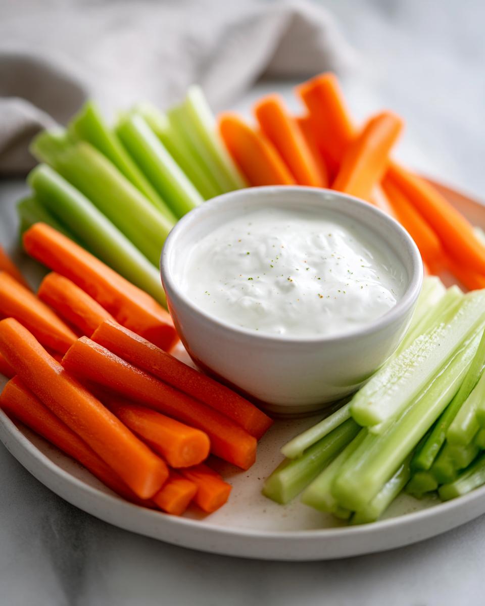 Plate of fresh carrot and celery sticks with a bowl of creamy dip, perfect April party snack ideas