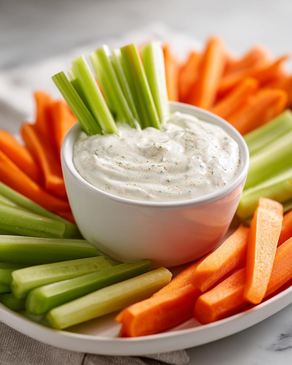 Plate of celery and carrot sticks with a bowl of creamy dip in the center for April party snack ideas