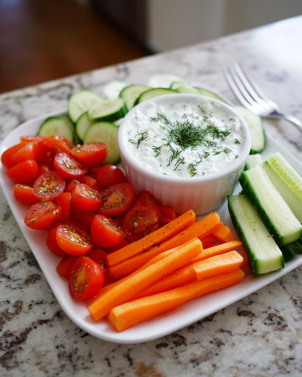 Plate of fresh cherry tomatoes, cucumber slices, carrot sticks with herb dip for spring picnic snack ideas