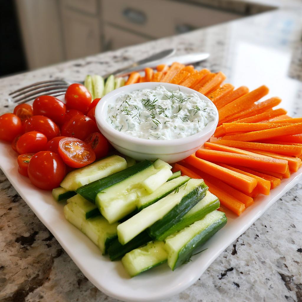 Plate of fresh carrot sticks, cucumber slices, cherry tomatoes with creamy herb dip for spring picnic snack ideas