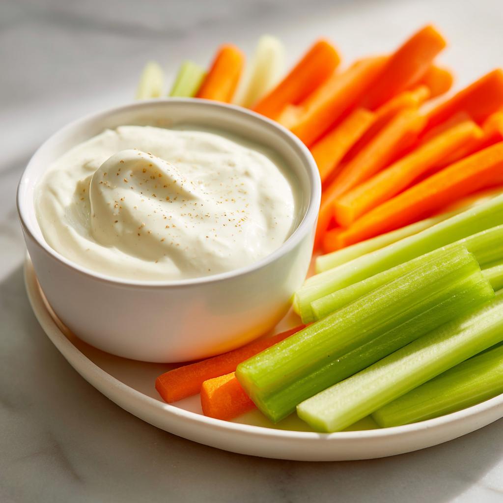 Plate of celery and carrot sticks served with a bowl of creamy dip, perfect April party snack ideas.