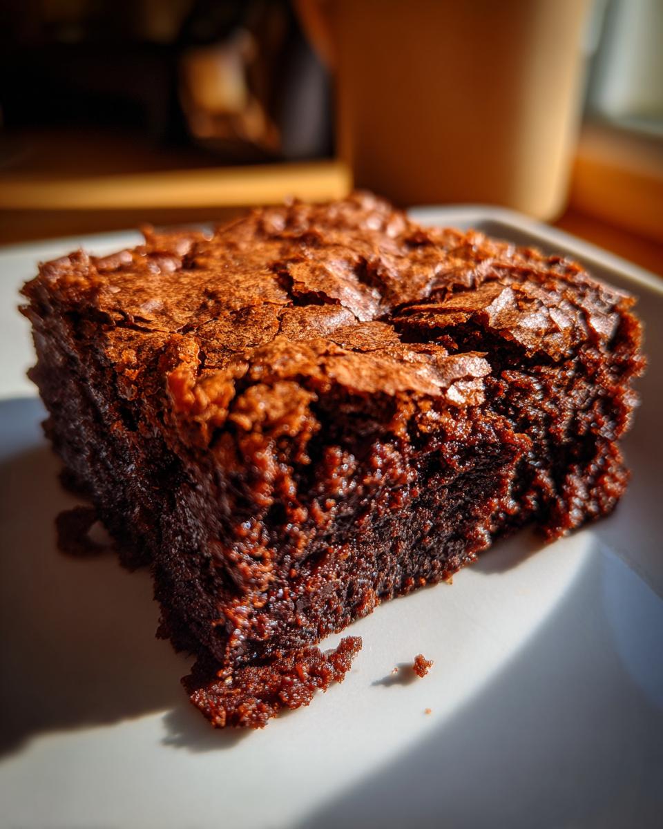 Close-up of a fudgy brownie square on a white plate, showcasing its moist texture.