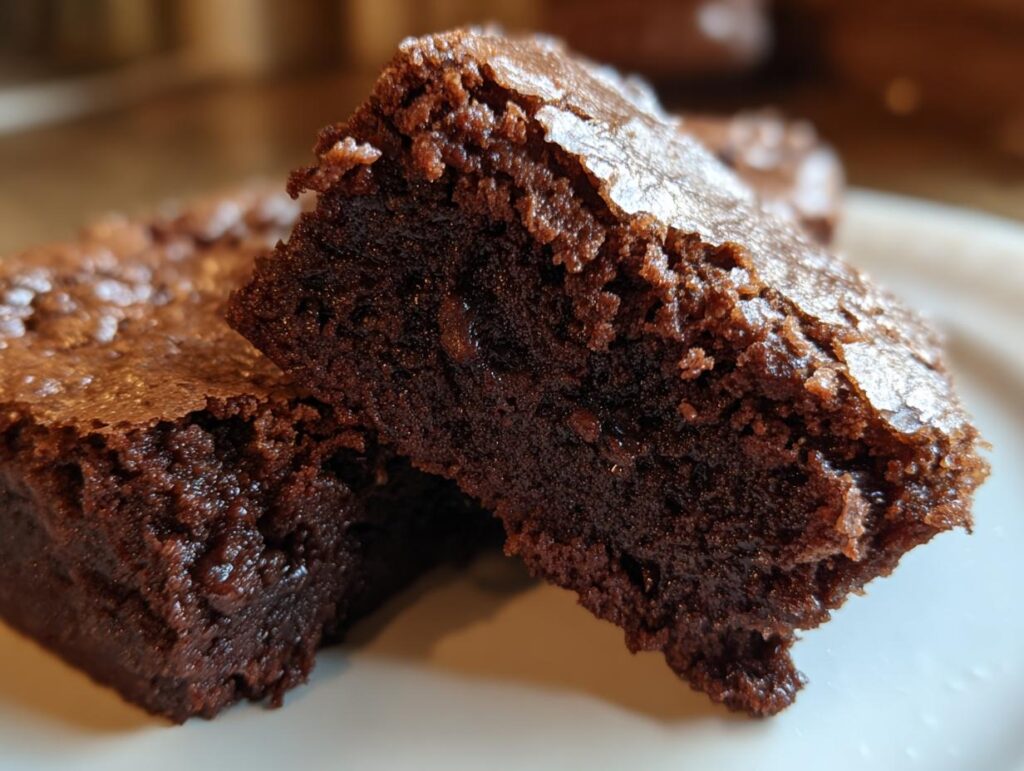 Close-up of a fudgy brownie piece showing moist texture for easy brownie dessert recipes.