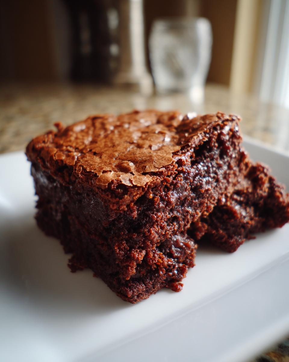 Close-up of a fudgy brownie slice on a white plate with a moist texture.