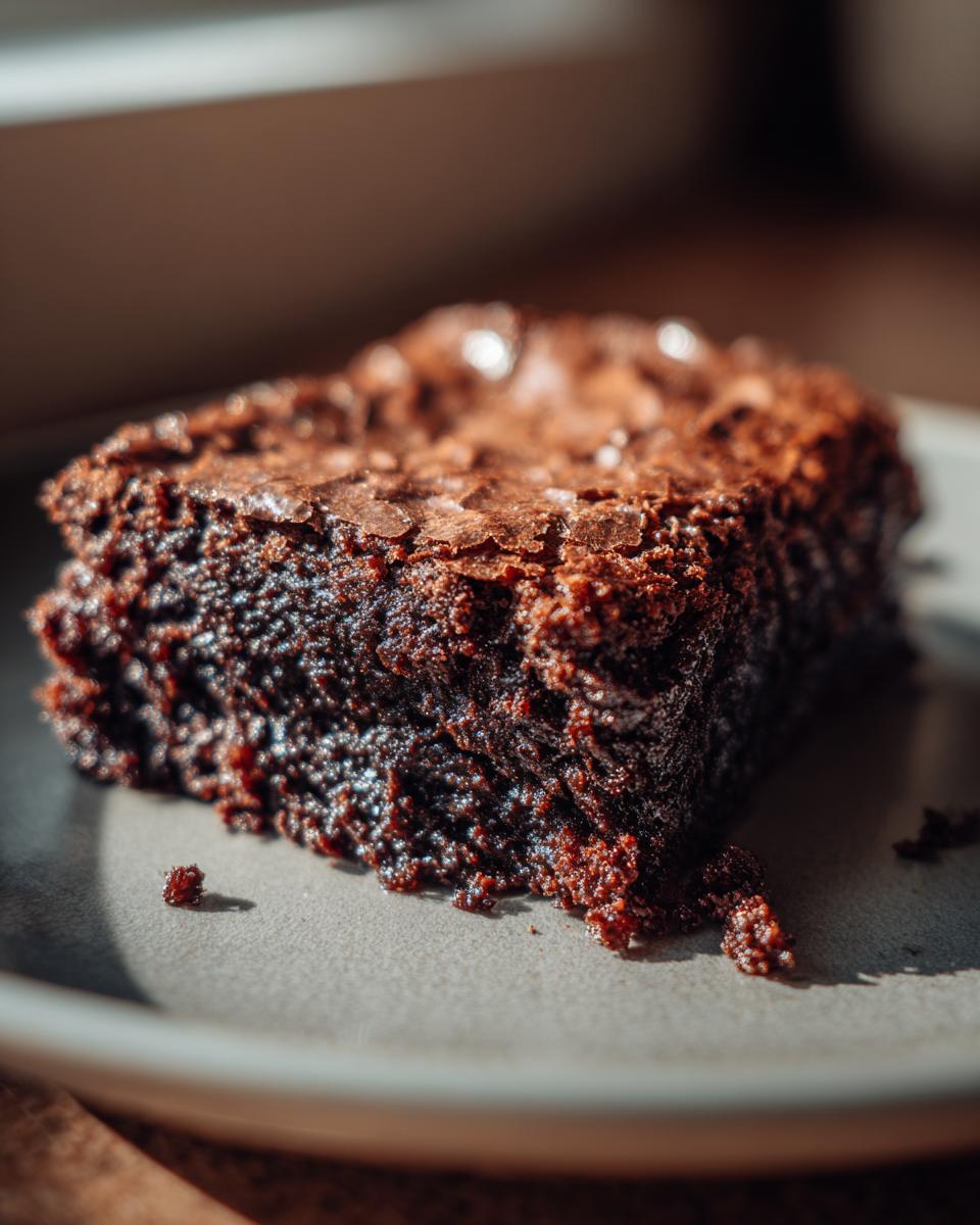 Close-up of a fudgy brownie slice on a plate, showcasing rich chocolate texture.