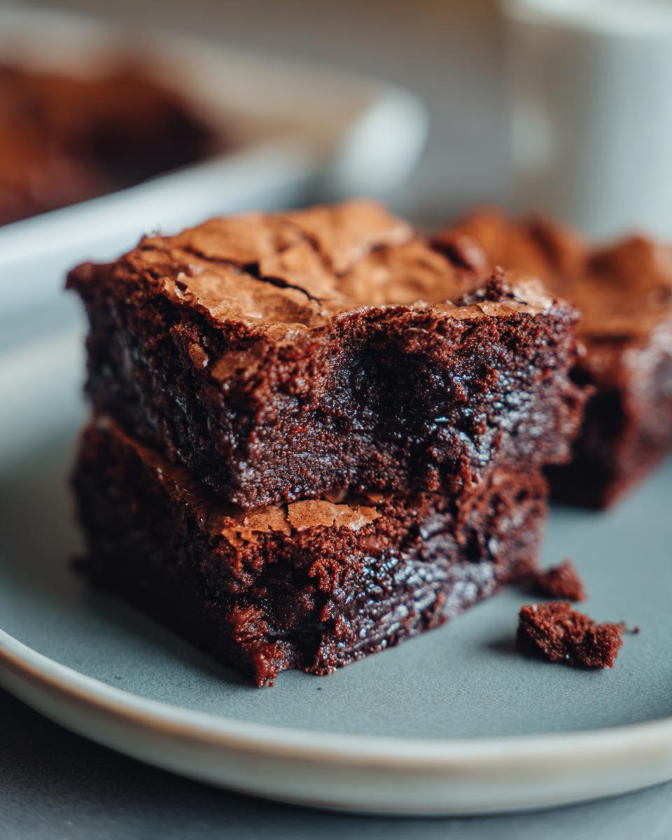 Close-up of two stacked fudgy brownies on a plate, showcasing moist texture and cracked top