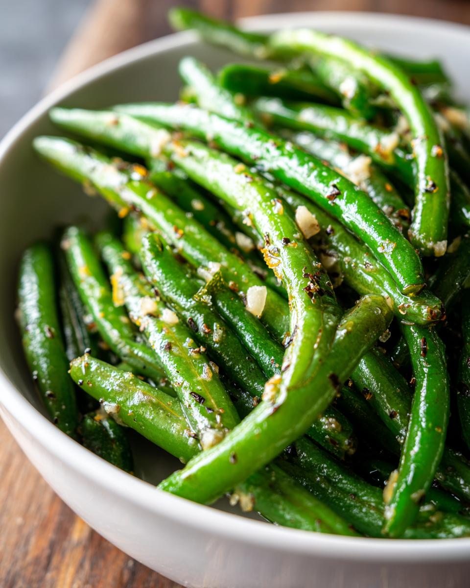Close-up of garlic butter green beans in a white bowl, a perfect quick vegetable sides dish.