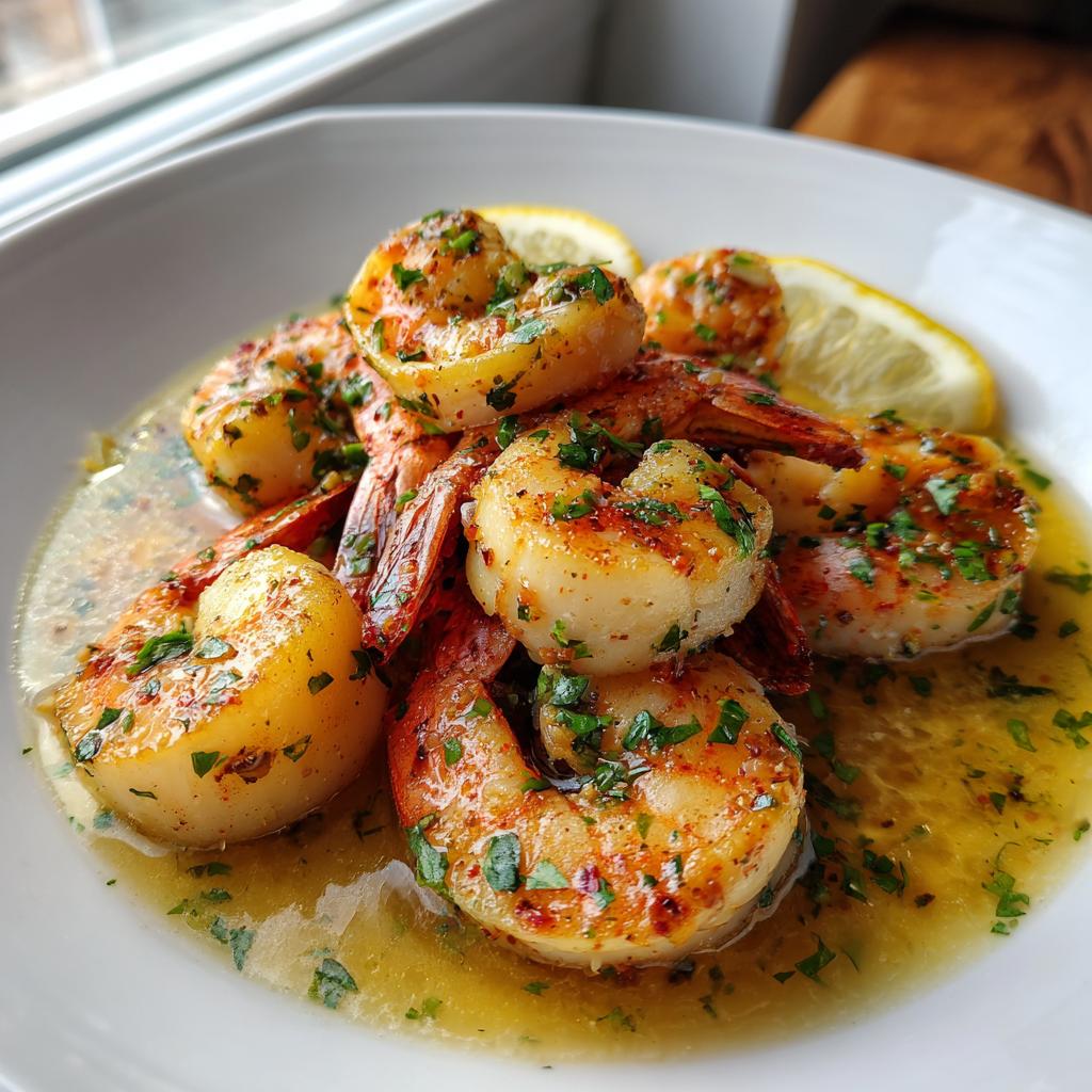 Close-up of garlic butter shrimp garnished with herbs and lemon slices in a white bowl, easy seafood dinner recipes