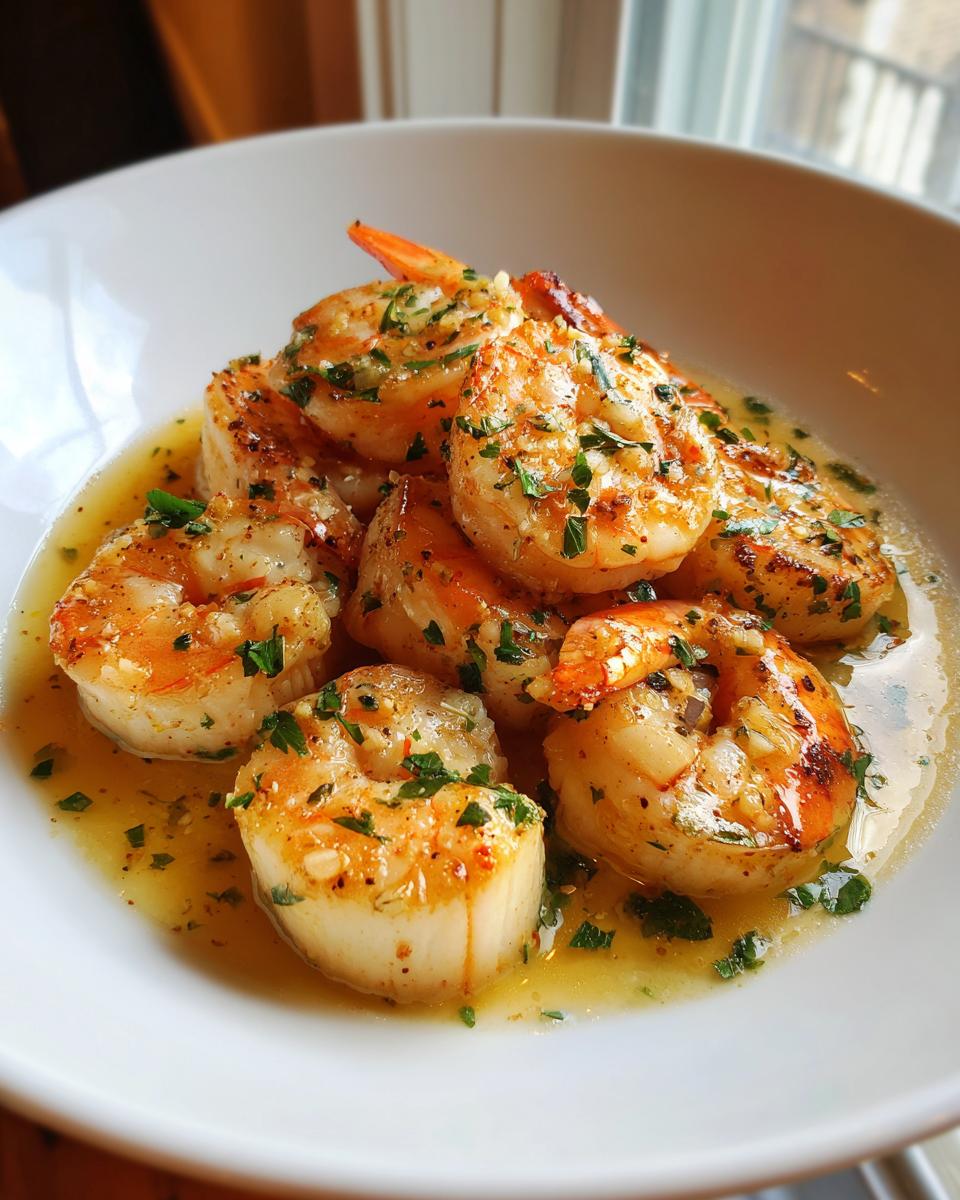 Plate of garlic butter shrimp and scallops garnished with herbs for easy seafood dinner recipes
