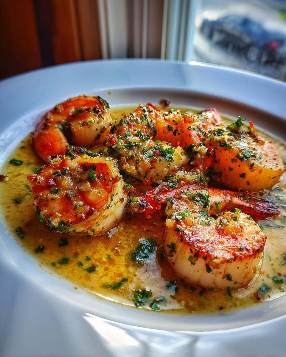 Close-up of garlic butter shrimp and scallops garnished with herbs in a white bowl, easy seafood dinner recipes