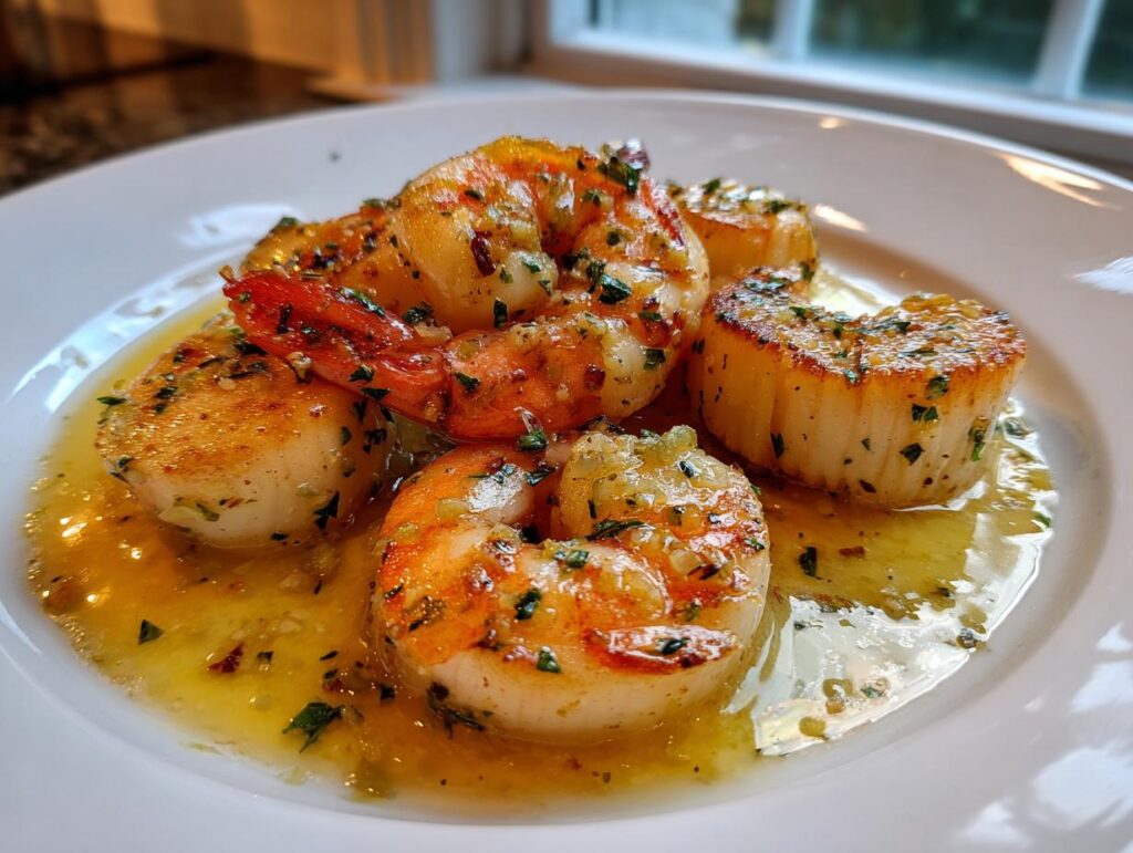 Close-up of garlic butter shrimp and scallops on a white plate, garnished with herbs.